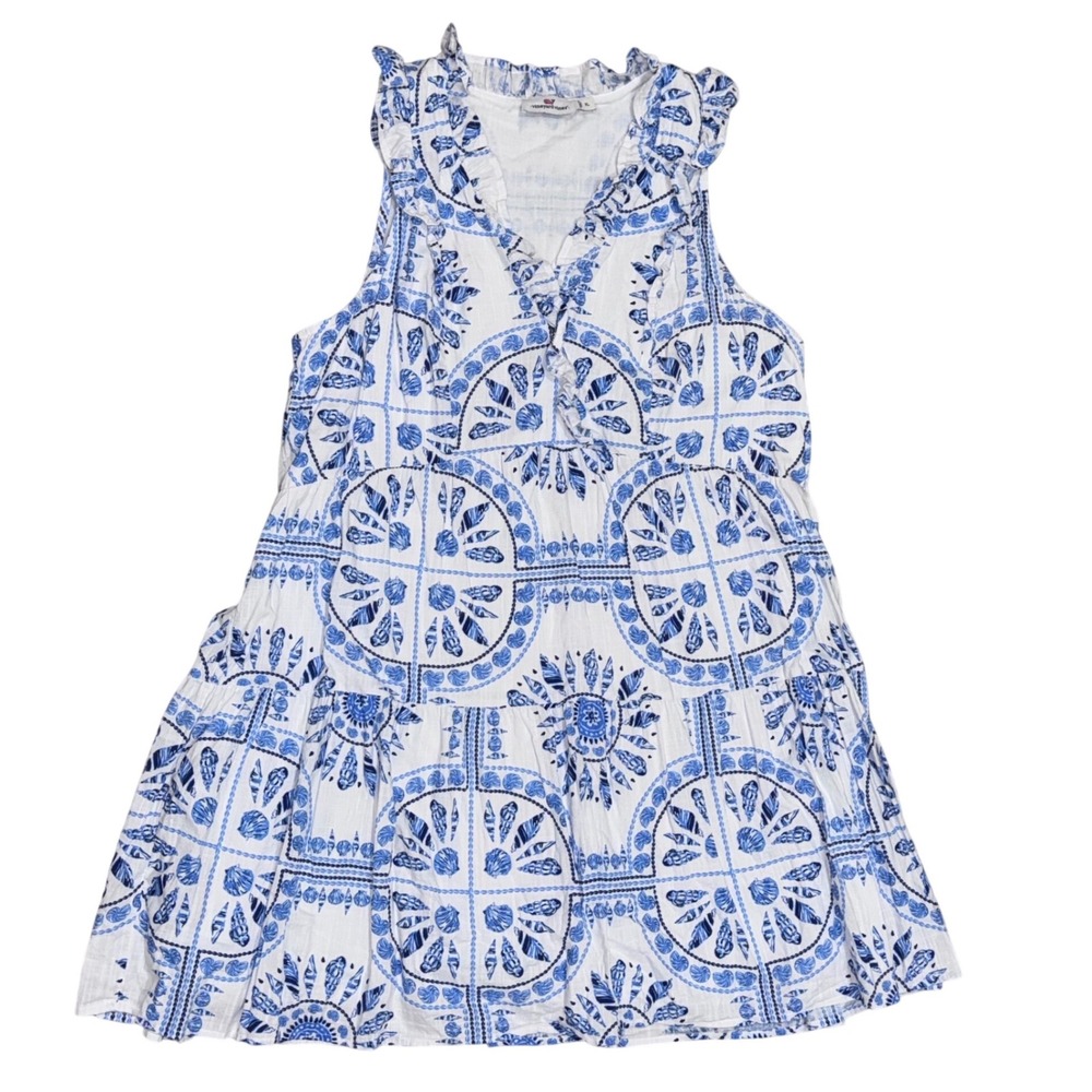 Vineyard Vines Sleeveless Top‎ Women XL Blue White EUC Seashell Tiered Beach